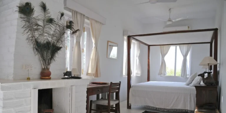 Cozy bedroom with peacock feathers and white curtains