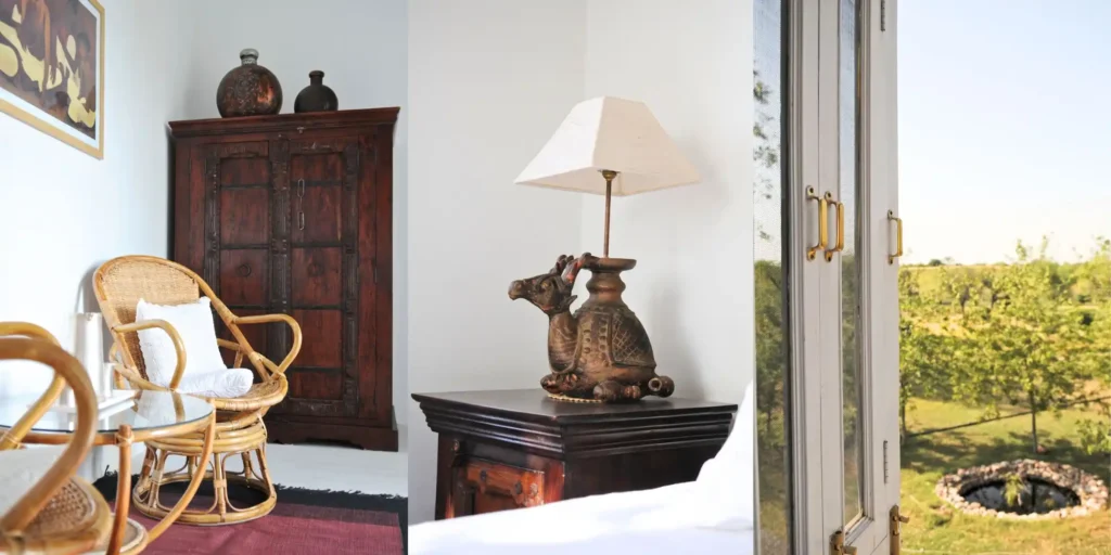 Vintage furniture with window view of greenery