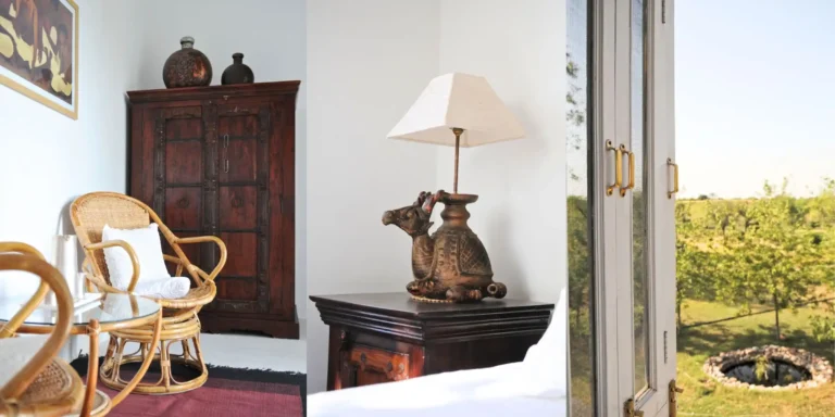 Vintage furniture with window view of greenery