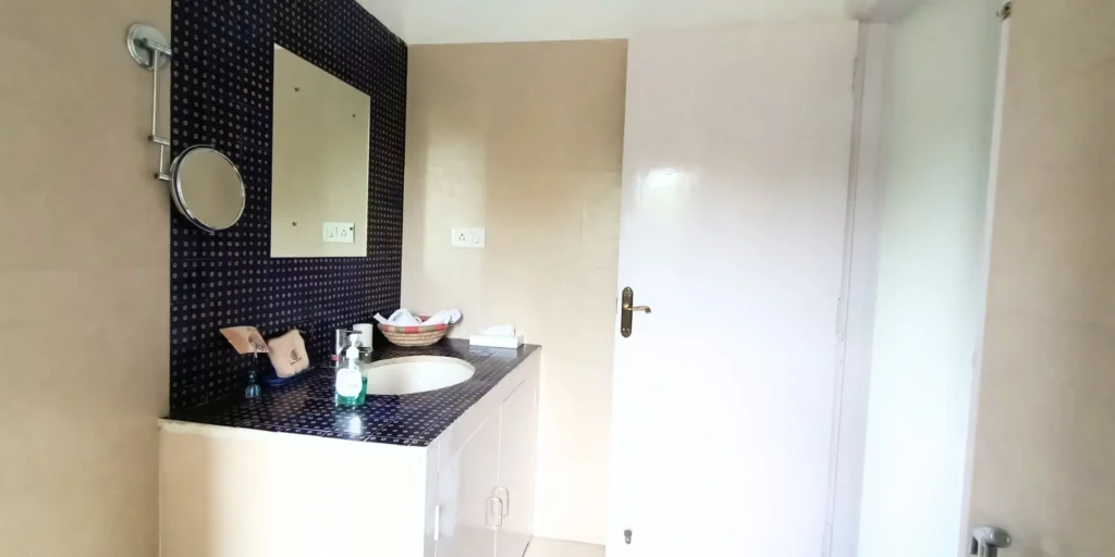 Modern bathroom with vanity mirror and toiletries.