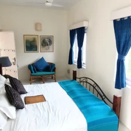 Cozy bedroom with metal bed frame, blue cushions, and natural light.