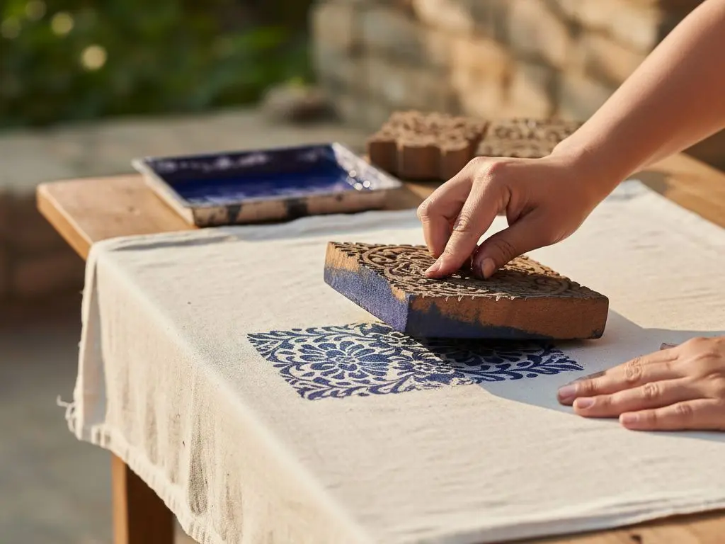 Hand stamping a fabric with a traditional block print design in natural light.