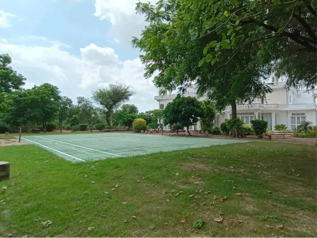 Well-maintained outdoor sports court surrounded by greenery and trees, with a building in the background.