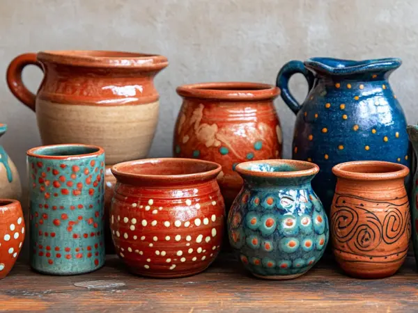 A collection of colorful, traditional glazed pottery pieces in blue, teal, and terracotta tones with painted patterns.