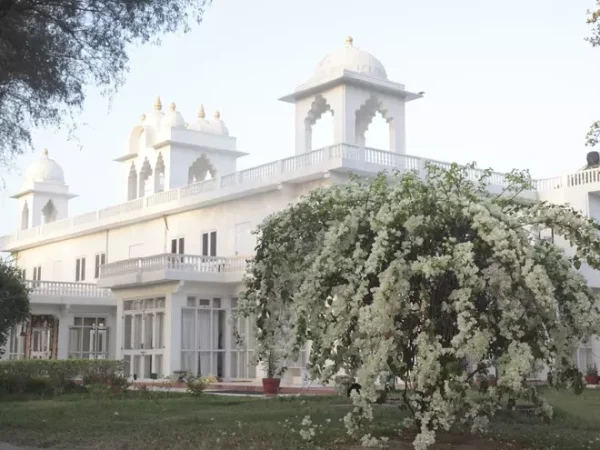 Savista Retreat: The white building is surrounded by greenery and flowers.